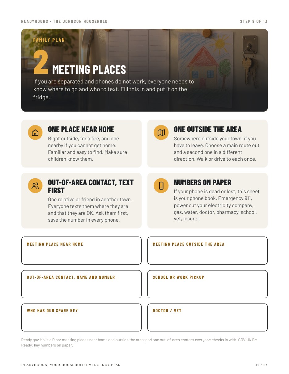 Family plan sheet with meeting places and contacts to fill in